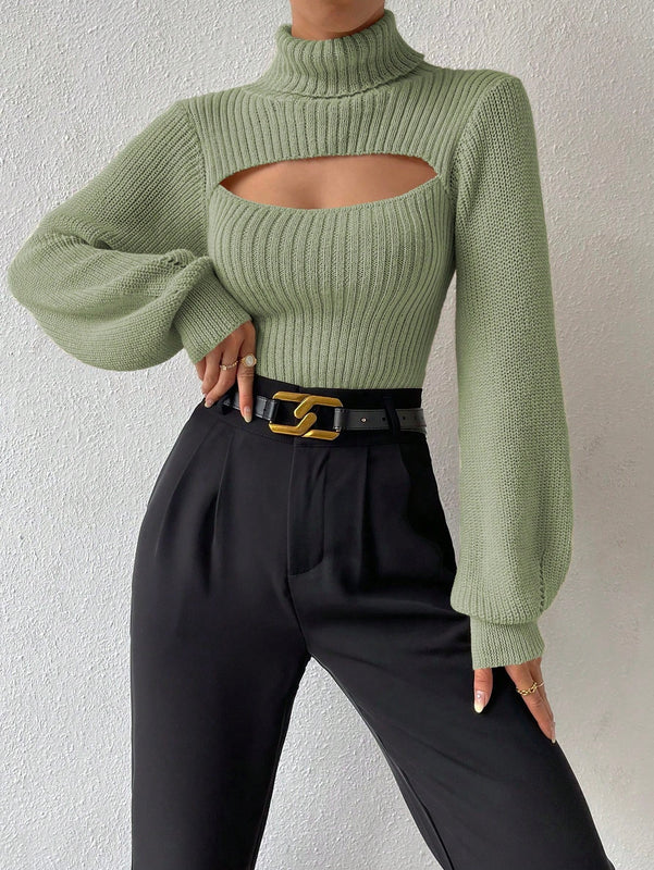 Prive Sueter De Cuello Alto Para Mujer Con Mangas De Farol Huecas