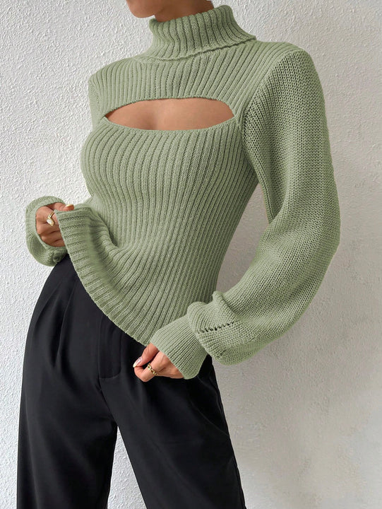 Prive Sueter De Cuello Alto Para Mujer Con Mangas De Farol Huecas