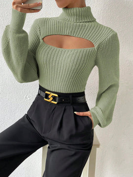 Prive Sueter De Cuello Alto Para Mujer Con Mangas De Farol Huecas