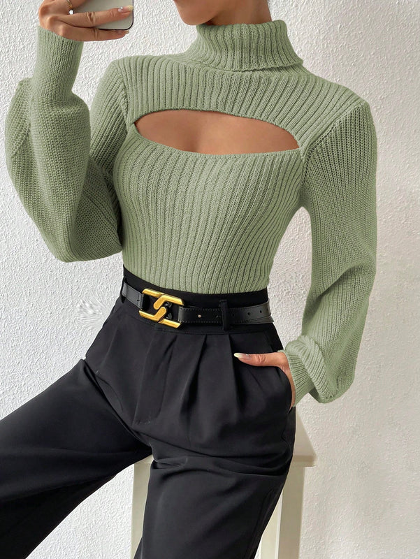 Prive Sueter De Cuello Alto Para Mujer Con Mangas De Farol Huecas