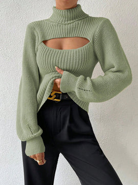 Prive Sueter De Cuello Alto Para Mujer Con Mangas De Farol Huecas