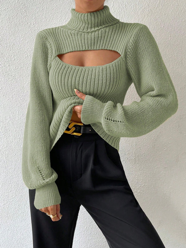 Prive Sueter De Cuello Alto Para Mujer Con Mangas De Farol Huecas