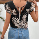 Frenchy Top De Camisa Con Ribete De Encaje En El Dobladillo De La Planta Impreso Y Adornos De Volantes Para Mujeres