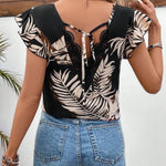 Frenchy Top De Camisa Con Ribete De Encaje En El Dobladillo De La Planta Impreso Y Adornos De Volantes Para Mujeres