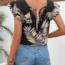Frenchy Top De Camisa Con Ribete De Encaje En El Dobladillo De La Planta Impreso Y Adornos De Volantes Para Mujeres