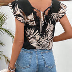 Frenchy Top De Camisa Con Ribete De Encaje En El Dobladillo De La Planta Impreso Y Adornos De Volantes Para Mujeres