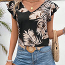 Frenchy Top De Camisa Con Ribete De Encaje En El Dobladillo De La Planta Impreso Y Adornos De Volantes Para Mujeres