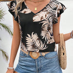 Frenchy Top De Camisa Con Ribete De Encaje En El Dobladillo De La Planta Impreso Y Adornos De Volantes Para Mujeres