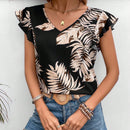 Frenchy Top De Camisa Con Ribete De Encaje En El Dobladillo De La Planta Impreso Y Adornos De Volantes Para Mujeres