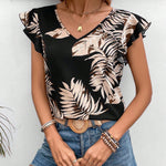 Frenchy Top De Camisa Con Ribete De Encaje En El Dobladillo De La Planta Impreso Y Adornos De Volantes Para Mujeres