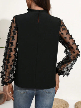 Frenchy Camisa Para Mujer De Manga Larga De Malla Transparente Con Apliques De Mariposas