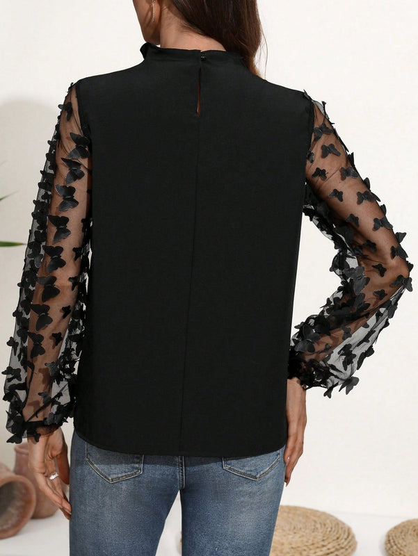 Frenchy Camisa Para Mujer De Manga Larga De Malla Transparente Con Apliques De Mariposas