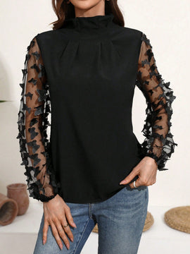 Frenchy Camisa Para Mujer De Manga Larga De Malla Transparente Con Apliques De Mariposas