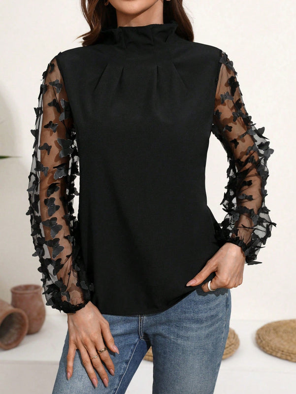 Frenchy Camisa Para Mujer De Manga Larga De Malla Transparente Con Apliques De Mariposas