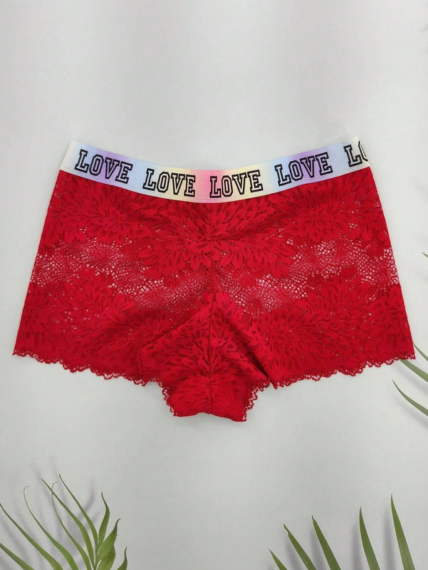 5 piezas pantys tipo boxer con estampado de letras para mujer, pantys de encaje floral comodos con ribete de encaje de concha