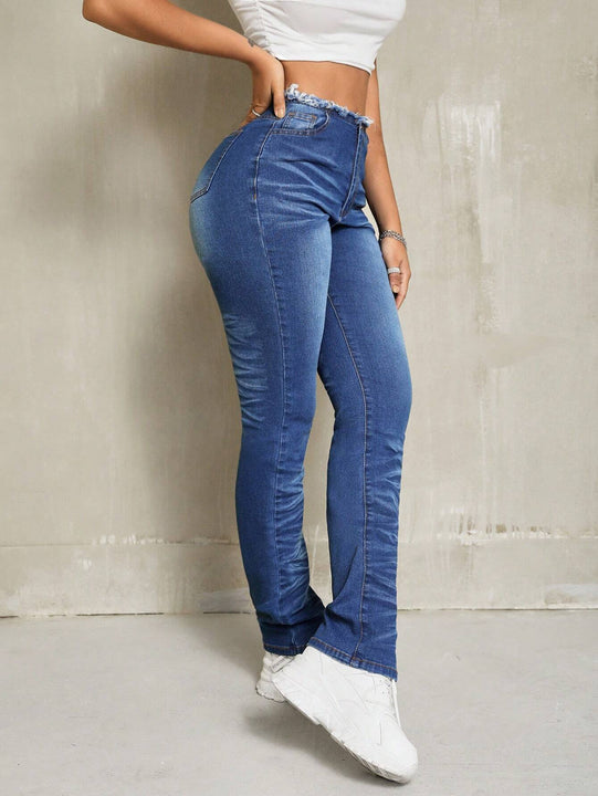 Jeans Ajustados Con Diseno De Bigotes De Gato Y Cintura Alta Forrados De Vellon Para Mujer