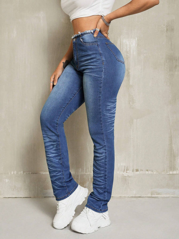 Jeans Ajustados Con Diseno De Bigotes De Gato Y Cintura Alta Forrados De Vellon Para Mujer