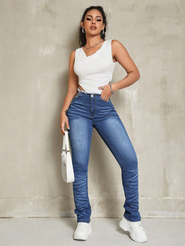 Jeans Ajustados Con Diseno De Bigotes De Gato Y Cintura Alta Forrados De Vellon Para Mujer