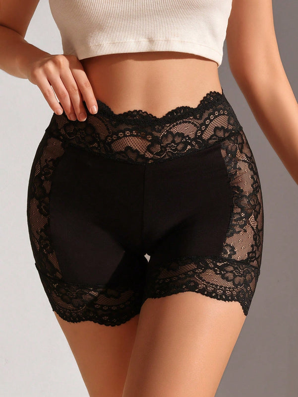 Pantalones Cortos Modeladores De Cintura Alta Para Mujer Con Ribete De Encaje