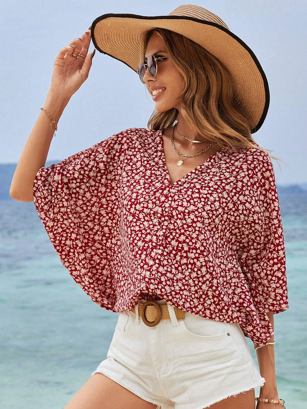 Frenchy Blusa Veraniega De Mangas Murcielago Con Estampado Floral Boho Chic, Cuello En V, Elegante Y Romantica, Ideal Para Vacaciones De Verano, Linda Camisa, Cubierta De Trajes De Bano