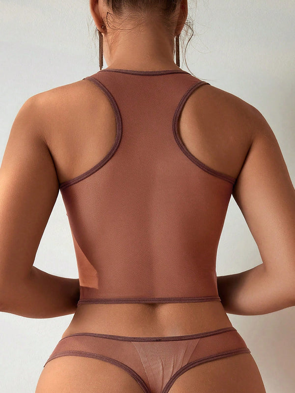 Conjunto De Ropa Interior De Cuello Redondo De Color Solido Para Mujer