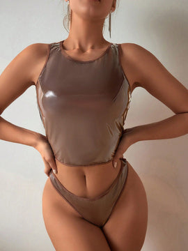 Conjunto De Ropa Interior De Cuello Redondo De Color Solido Para Mujer