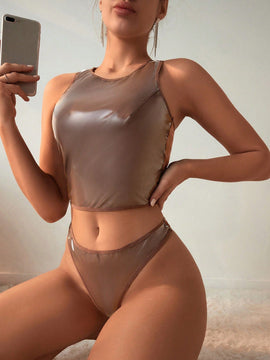 Conjunto De Ropa Interior De Cuello Redondo De Color Solido Para Mujer