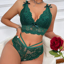 Conjunto De Lenceria De Encaje Decorado Con Lazo Para Mujer