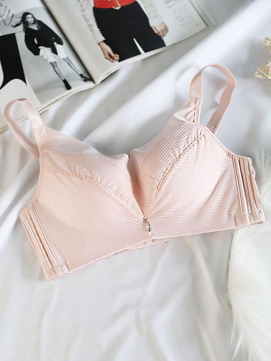 Sencillo Bra Ajustable de Primavera/Verano sin Alambrar con Soporte Lateral y Push-Up, Bottom Gruesa y Parte Superior Delgada, Cierre de Hebilla de Cuatro Filas, Anti-Caida y Anti-Bultos Laterales