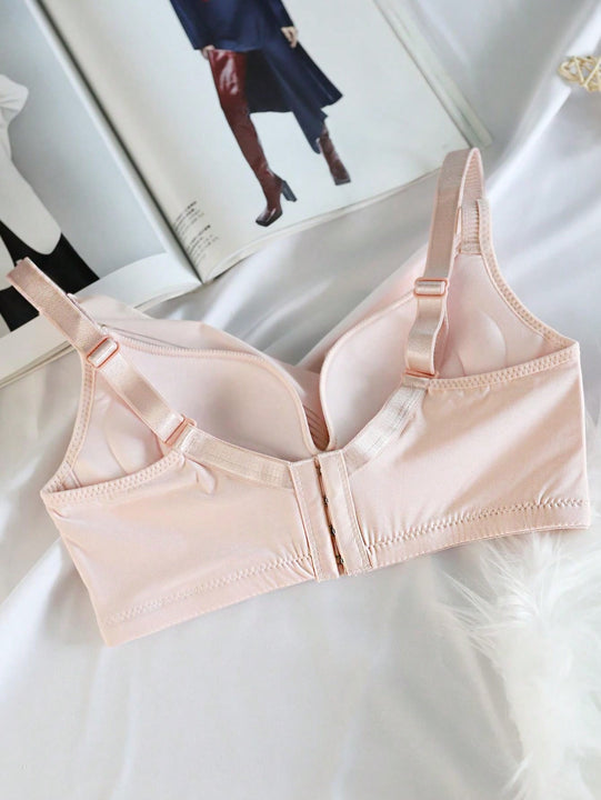 Sencillo Bra Ajustable de Primavera/Verano sin Alambrar con Soporte Lateral y Push-Up, Bottom Gruesa y Parte Superior Delgada, Cierre de Hebilla de Cuatro Filas, Anti-Caida y Anti-Bultos Laterales