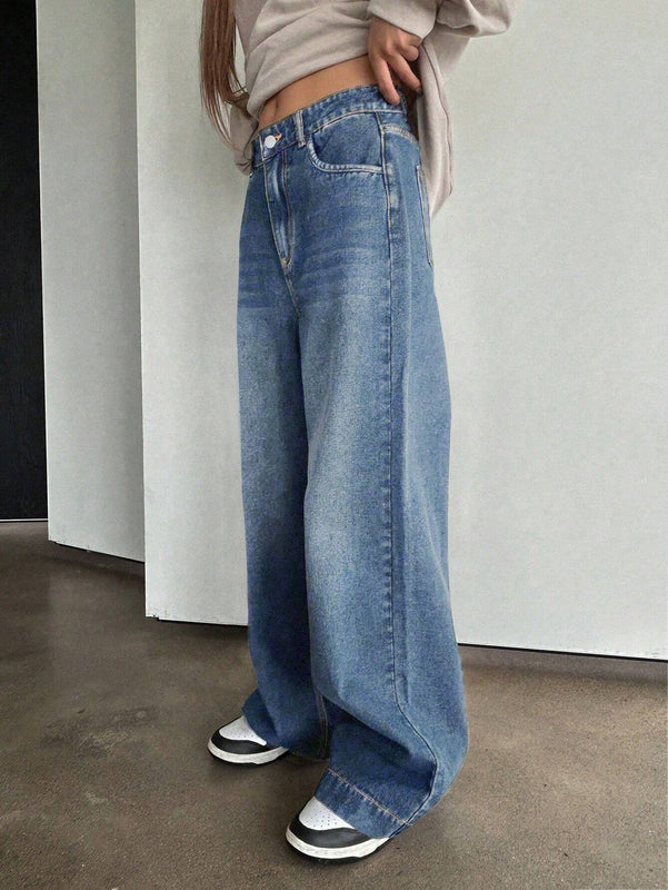 DAZY Jeans De Cintura Alta Y Pierna Ancha Con Efecto Lavado