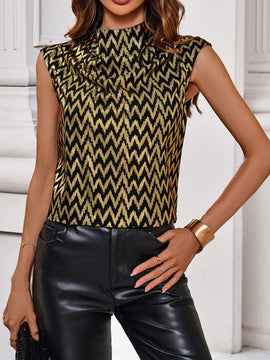 Clasi Camisa Con Cuello Alto, Diseno De Espiga Y Estampado Metalizado Dorado