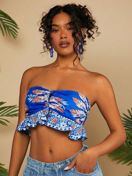 TRVLCHIC Camiseta Sin Tirantes Estilo De Vacaciones Para Damas Con Estampado De Plantas Y Pliegues Fruncidos