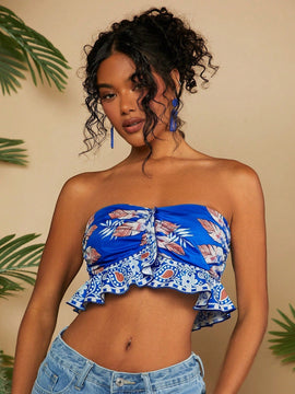 TRVLCHIC Camiseta Sin Tirantes Estilo De Vacaciones Para Damas Con Estampado De Plantas Y Pliegues Fruncidos