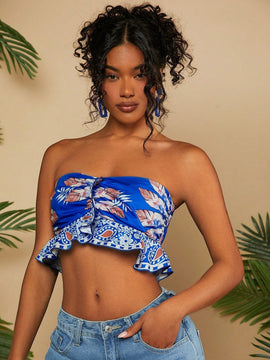 TRVLCHIC Camiseta Sin Tirantes Estilo De Vacaciones Para Damas Con Estampado De Plantas Y Pliegues Fruncidos
