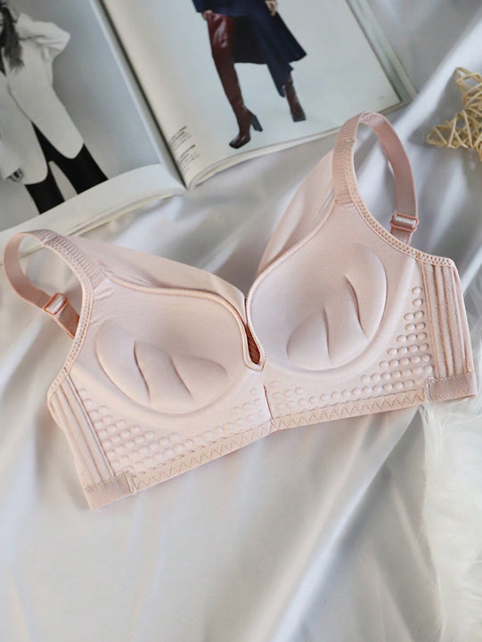 Sencillo Bra Ajustable de Primavera/Verano sin Alambrar con Soporte Lateral y Push-Up, Bottom Gruesa y Parte Superior Delgada, Cierre de Hebilla de Cuatro Filas, Anti-Caida y Anti-Bultos Laterales