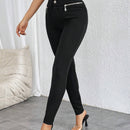Prive Pantalones Pitillo Elasticos Con Decoracion De Cremallera Y Botones De Talle Alto Para Mujer