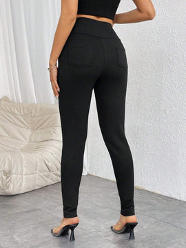 Prive Pantalones Pitillo Elasticos Con Decoracion De Cremallera Y Botones De Talle Alto Para Mujer