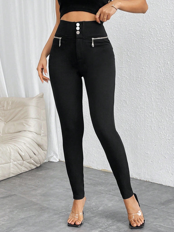 Prive pantalones pitillo de cintura alta con botones y cremallera