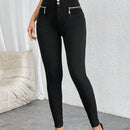 Prive Pantalones Pitillo Elasticos Con Decoracion De Cremallera Y Botones De Talle Alto Para Mujer