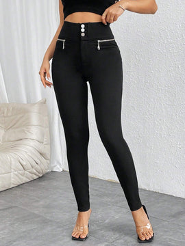 Prive Pantalones Pitillo Elasticos Con Decoracion De Cremallera Y Botones De Talle Alto Para Mujer