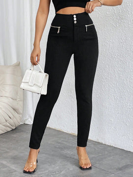 Prive pantalones pitillo de cintura alta con botones y cremallera