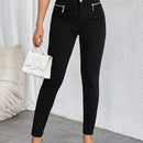 Prive Pantalones Pitillo Elasticos Con Decoracion De Cremallera Y Botones De Talle Alto Para Mujer