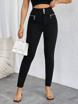 Prive Pantalones Pitillo Elasticos Con Decoracion De Cremallera Y Botones De Talle Alto Para Mujer