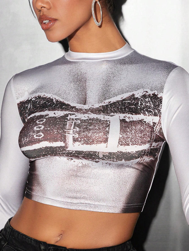 Camiseta Bodycon De Mujer Con Cinturilla Y Estampado Impreso