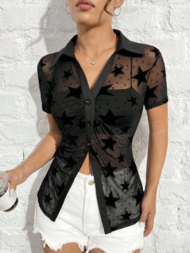 EZwear Camisa De Mujer Flocada De Malla Negra Transparente