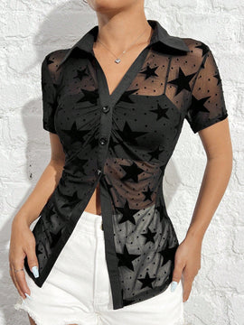 EZwear Camisa De Mujer Flocada De Malla Negra Transparente