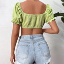 VCAY Camisa Recortada Verde De Textura Fabricada Con Lazo Frontal Y Mangas Abullonadas Sexys