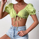 VCAY Camisa Recortada Verde De Textura Fabricada Con Lazo Frontal Y Mangas Abullonadas Sexys