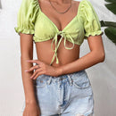 VCAY Camisa Recortada Verde De Textura Fabricada Con Lazo Frontal Y Mangas Abullonadas Sexys